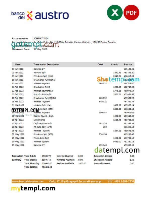 Ecuador Banco del Austro bank statement Excel and PDF template