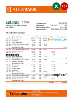 Egypt Alex bank statement Excel and PDF template