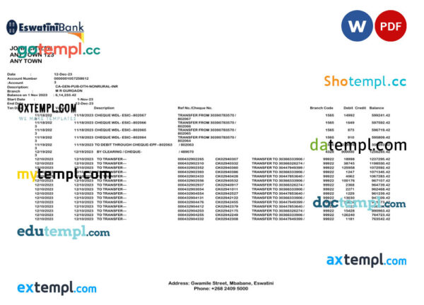 Eswatini Swazibank Limited bank statement Word and PDF template