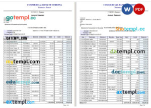 Ethiopia Commercial Bank of Ethopia bank statement Word and PDF template, 4 pages