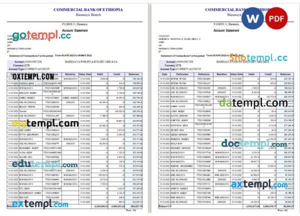 Ethiopia Commercial Bank of Ethopia bank statement Word and PDF template, 4 pages