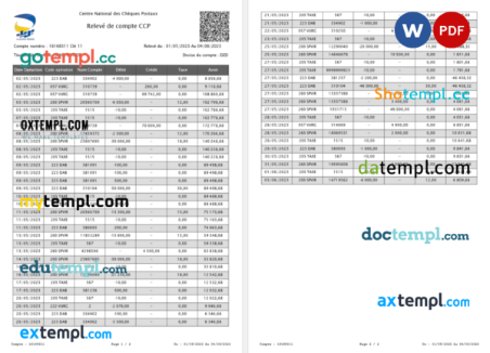 France Centre National des Chèques Postaux – CCP account statement Word and PDF template, 2 pages