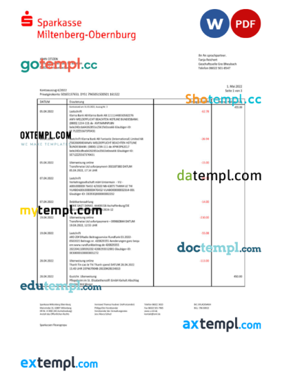 Germany Sparkasse Mitenberg-Obernburg bank statement Word and PDF template