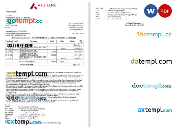 India Axis bank statement Word and PDF template, 2 pages, version 2