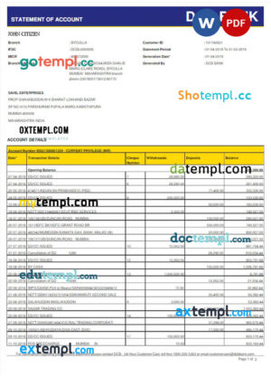 INDIA DCB bank statement Word and PDF template