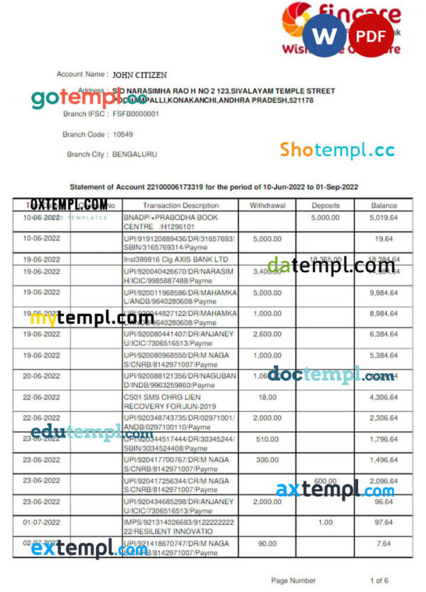 INDIA FINCARE bank statement Word and PDF template, version 2
