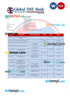 INDIA GLOBAL IME bank statement Word and PDF template