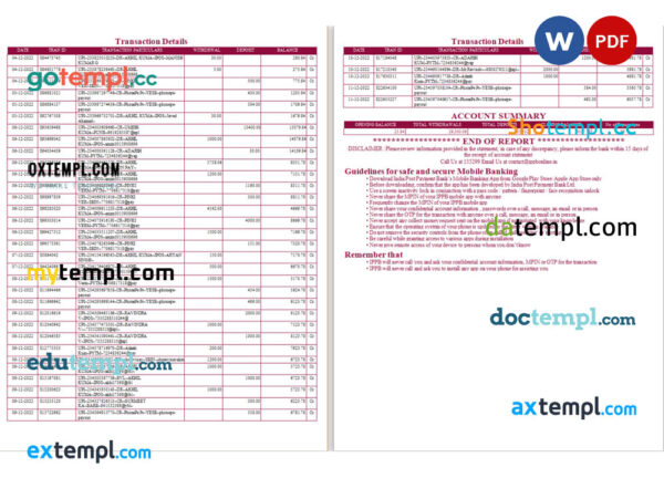 India Post Payments Bank statement Word and PDF template, 4 pages