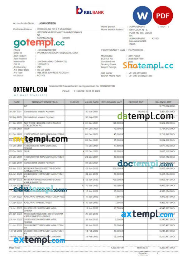 INDIA RBL bank statement Word and PDF template