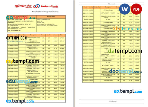 India Union Bank statement Word and PDF template