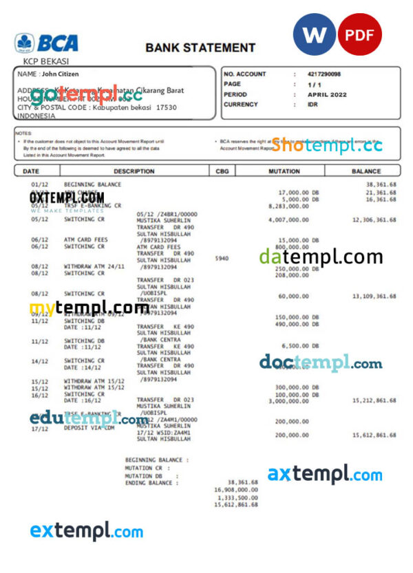INDONESIA BCA bank statement Word and PDF template
