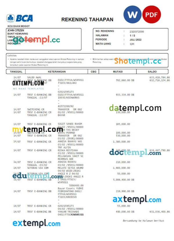 INDONESIA BCA bank statement Word and PDF template, version 2