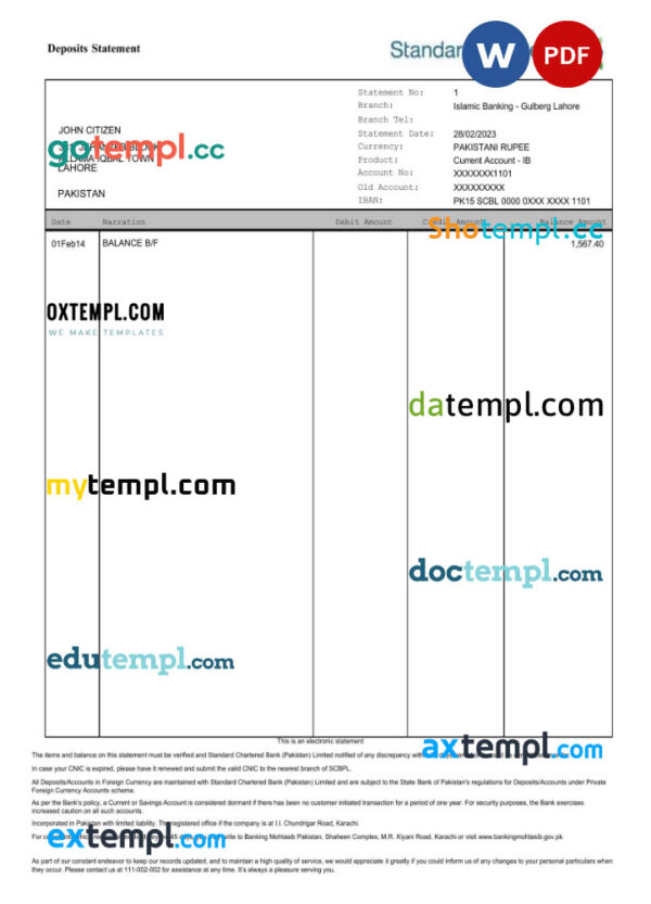 Pakistan Standard Chartered bank statement Word and PDF template