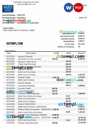 USA Arvest bank statement Word and PDF template