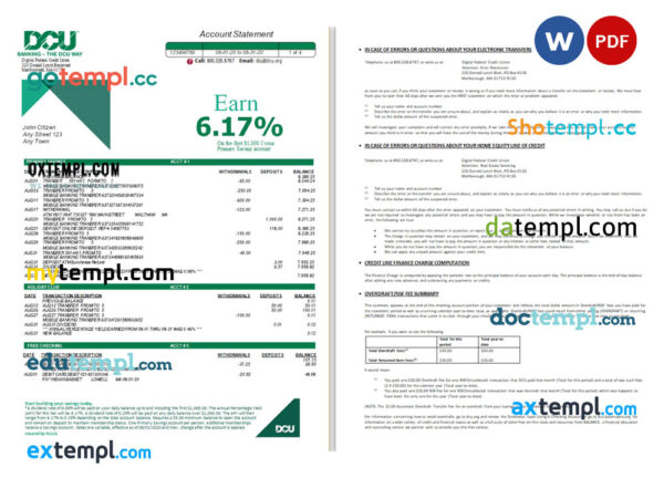 USA DCU bank statement Word and PDF template, 5 pages