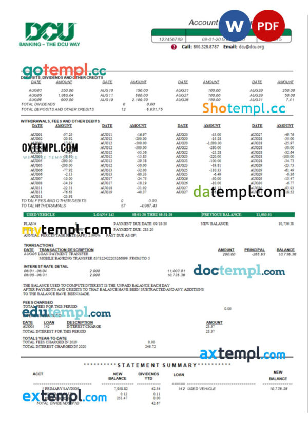 USA DCU bank statement Word and PDF template, 5 pages
