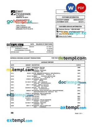USA FIRST TENNESSEE bank statement Word and PDF template