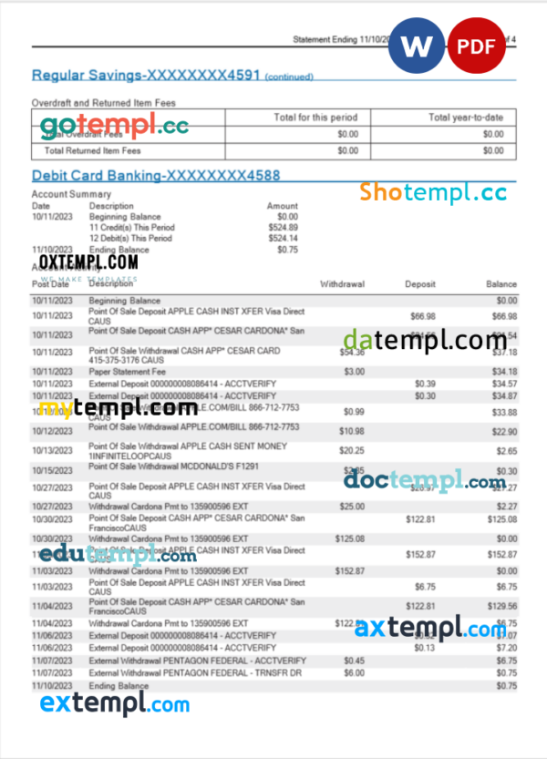 USA MidFlorida Credit Union bank statement Word and PDF template, 3 pages