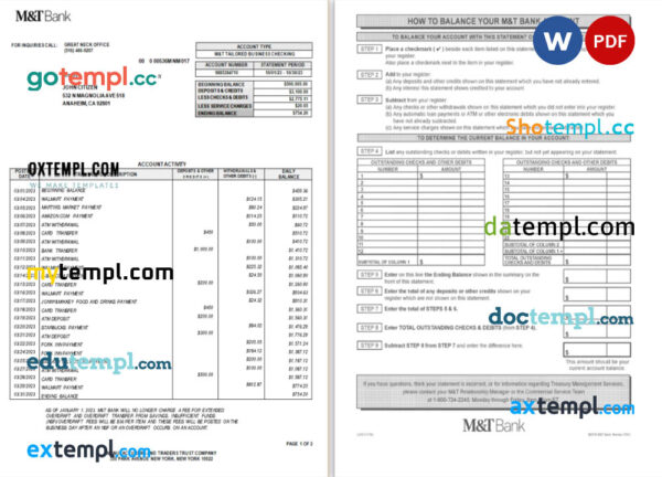 USA New York M&T Bank statement Word and PDF template, 2 pages
