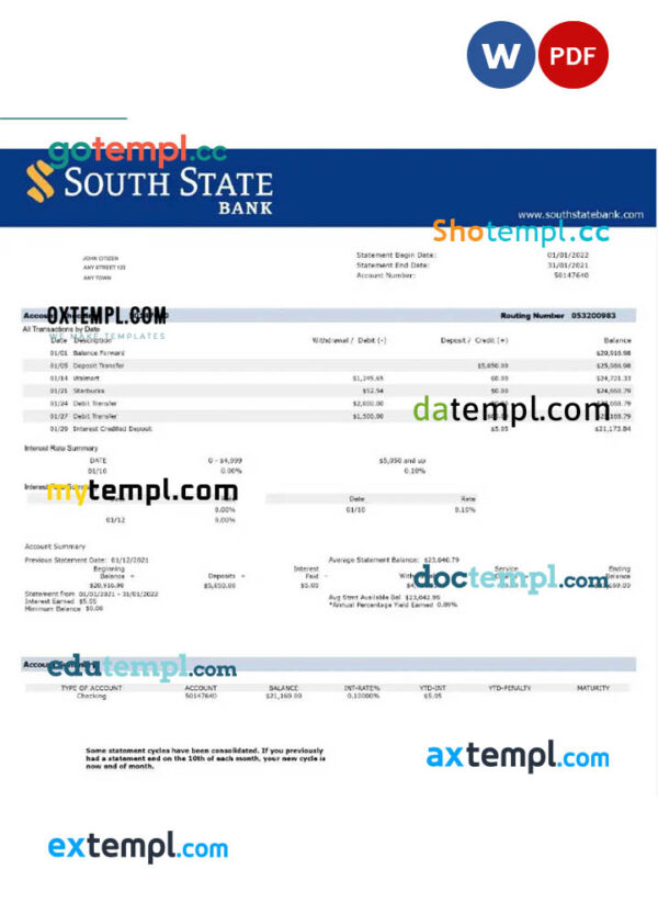 USA SOUTH STATE BANK statement Word and PDF template