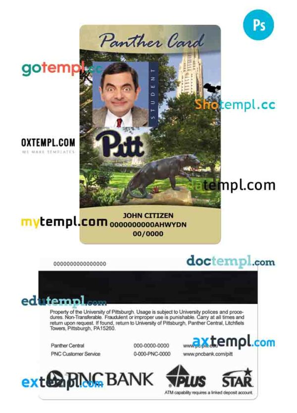 USA The University of Pittsburgh Student ID card, Panther card PSD template, with fonts