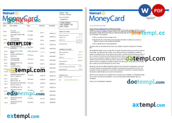 USA Walmart MoneyCard bank statement Word and PDF, 2 pages