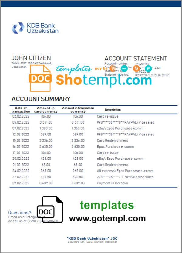 Uzbekistan KDB Bank statement template in Word and PDF format