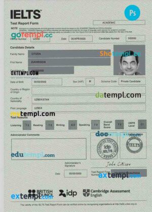 IELTS test report form certificate PSD template, with fonts