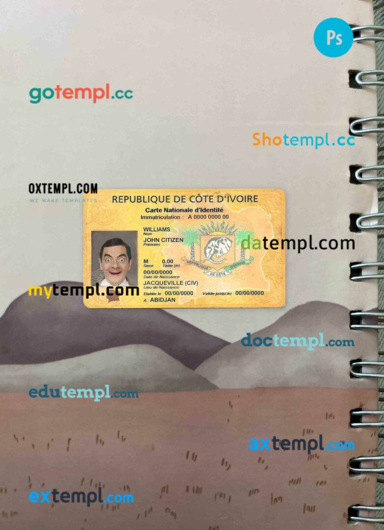 Cote D'ivoire ID card editable PSDs, scan and photo-realistic snapshot, 2 in 1