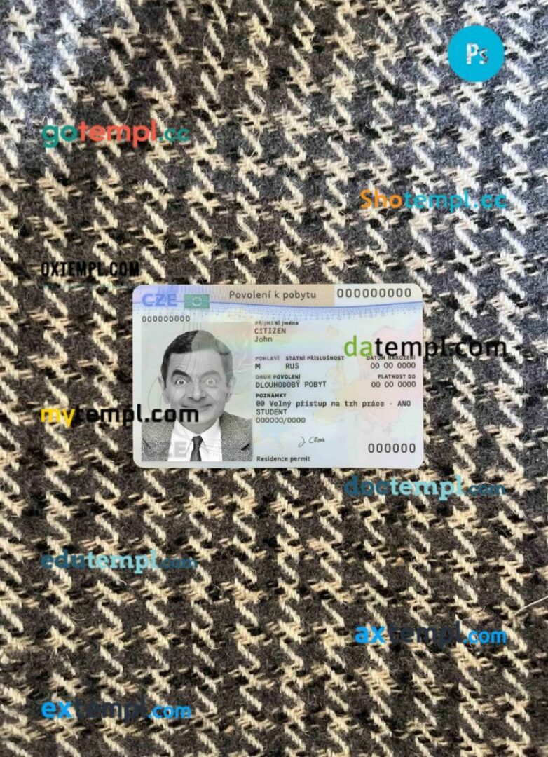 Czech permanent resident card editable PSDs, scan and photo-realistic snapshot, 2 in 1