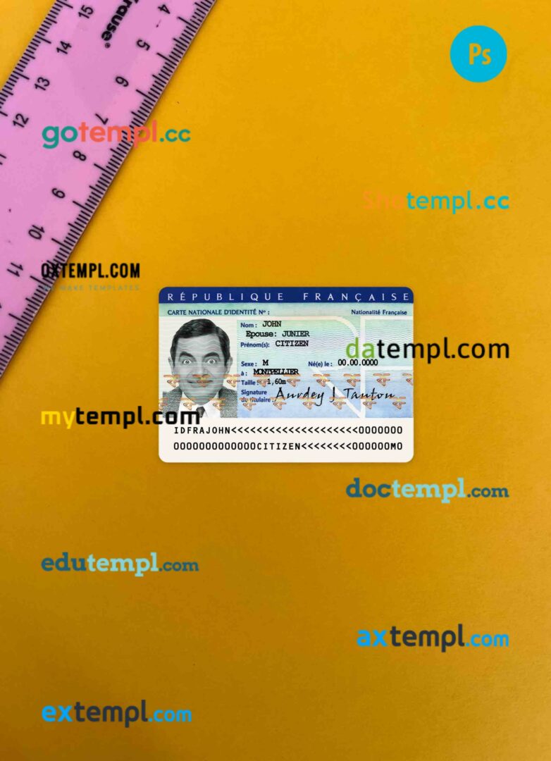 France ID card PSD files, scan look and photographed image, 2 in 1