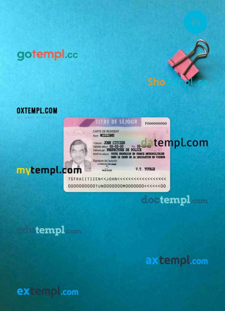 France residence permit card PSD files, scan look and photographed image, 2 in 1 (version 3)