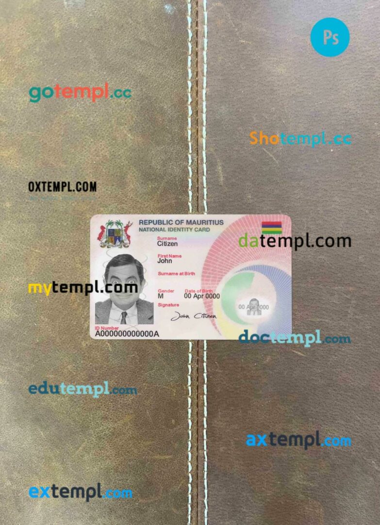 Mauritius ID card editable PSD files, scan look and photo-realistic look, 2 in 1