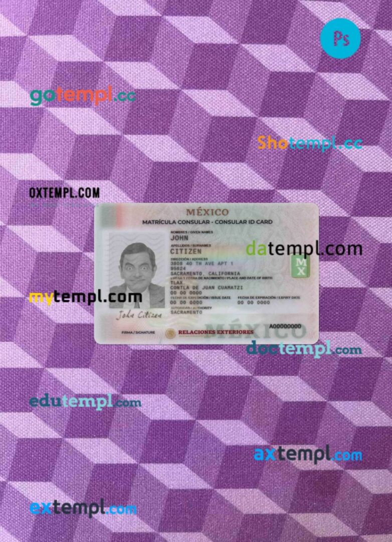 Mexico Consular ID card PSD files, scan look and photographed image, 2 in 1