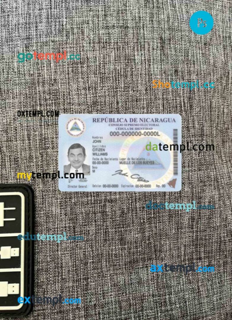 Nicaragua ID card PSD files, scan look and photographed image, 2 in 1