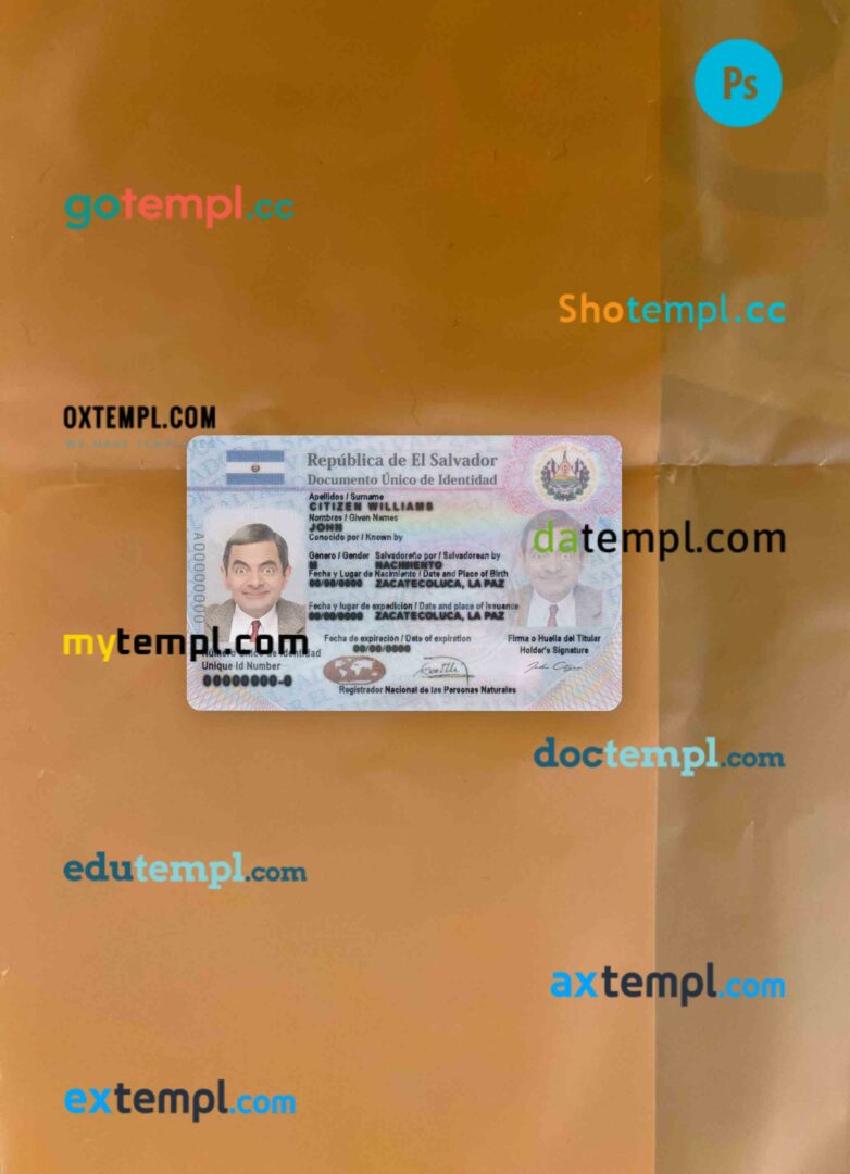 Salvador ID card editable PSD files, scan and photo taken image, 2 in 1