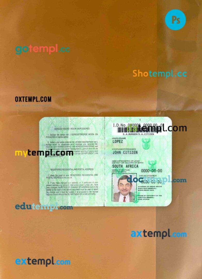 South Africa ID card editable PSD files, scan and photo taken image, 2 in 1 (1986 – 2013)