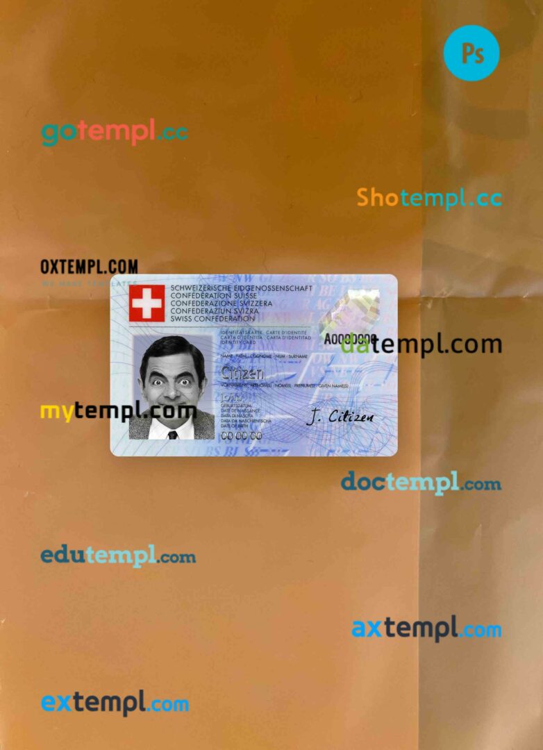 Switzerland ID card PSD files, scan look and photographed image, 2 in 1