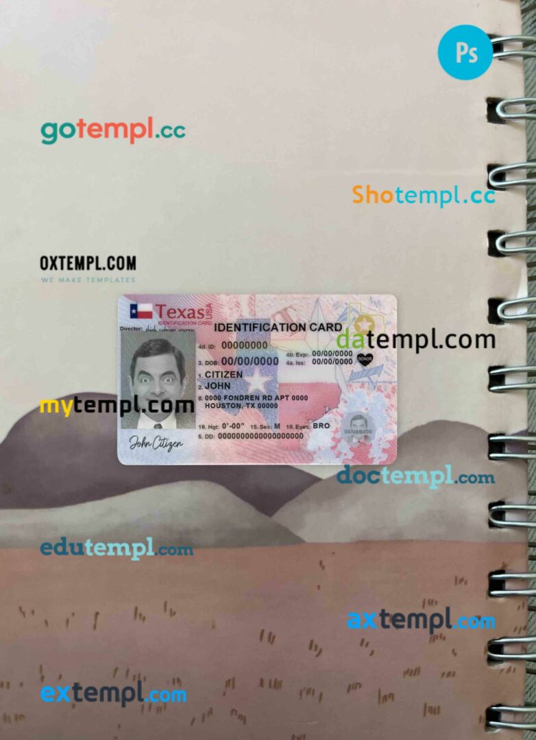 USA Texas New ID card editable PSDs, scan and photo-realistic snapshot, 2 in 1