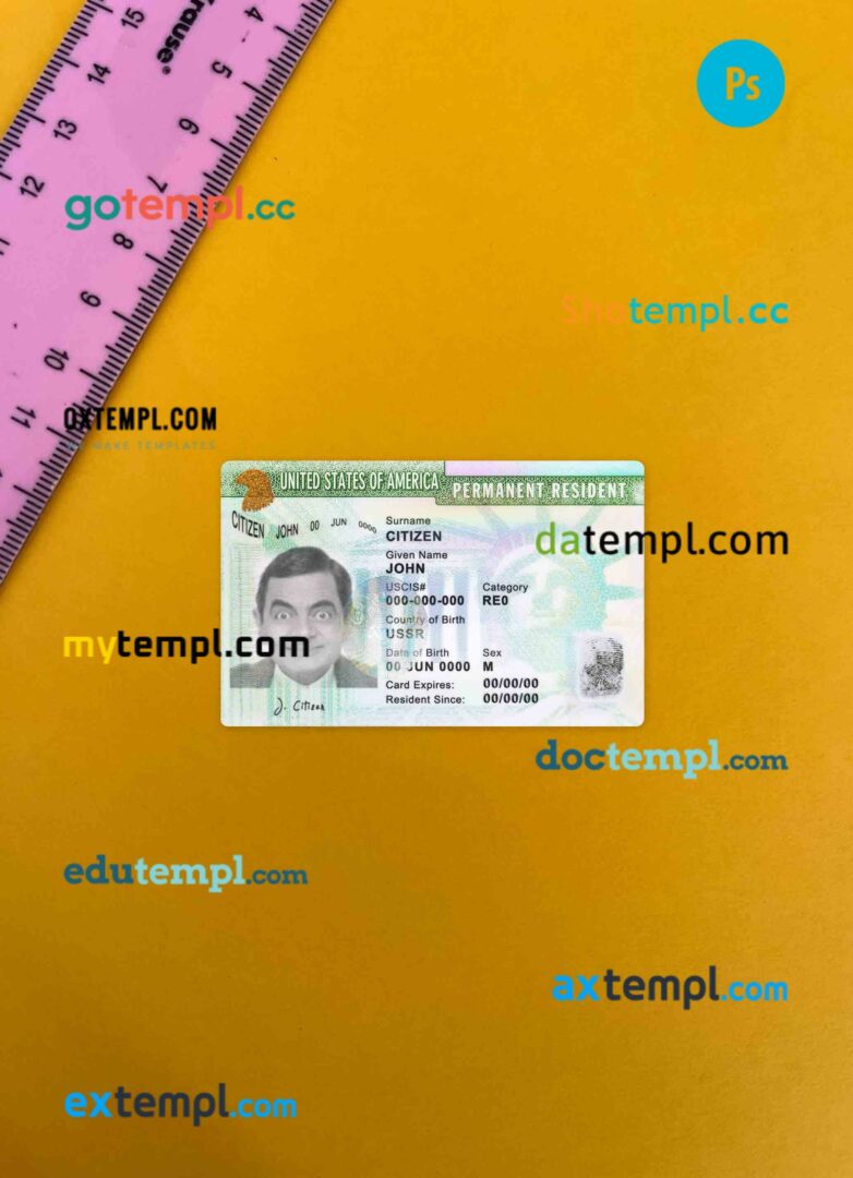 USA green card, permanent resident card PSD files, scan look and photographed image, 2 in 1