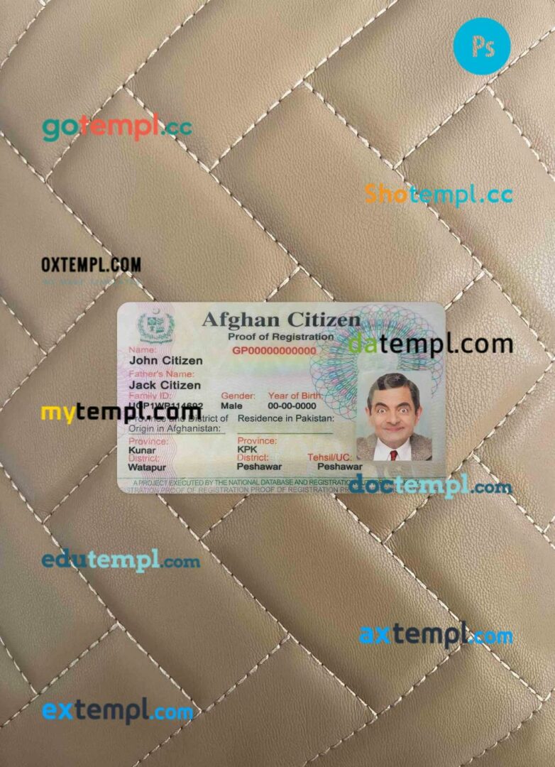 Afghanistan Citizen proof registration card editable PSD files, scan look and photo-realistic look, 2 in 1