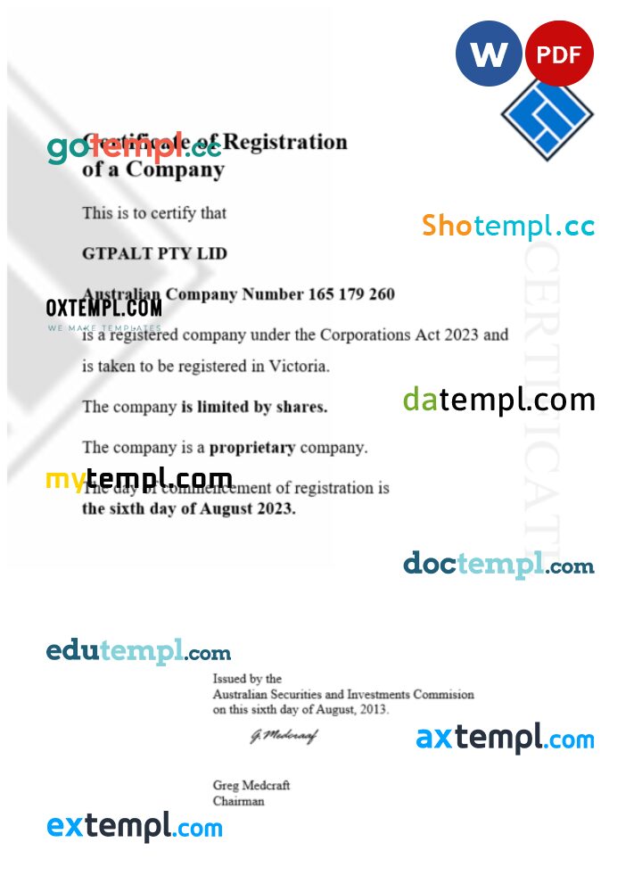 Australia GTPALT certificate of company registration Word and PDF template