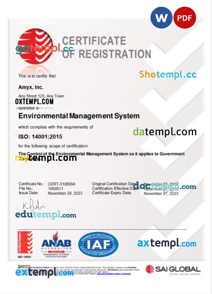 Australia SAI GLOBAL certificate of business registration Word and PDF template