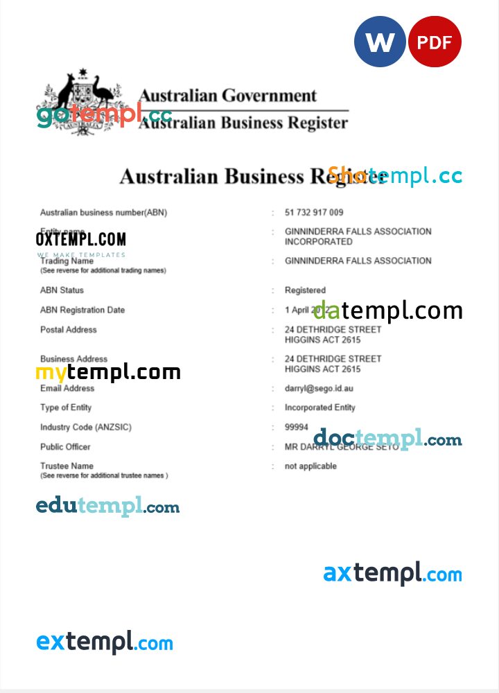 Australia certificate of business registration Word and PDF template, version 2