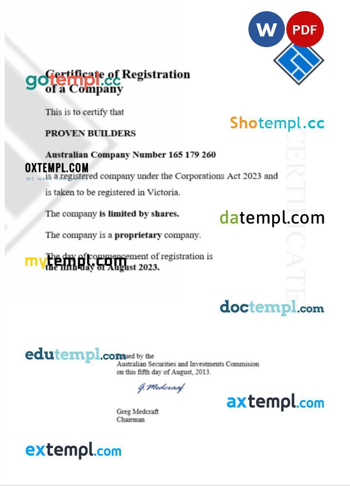 Australia business registration certificate Word and PDF template