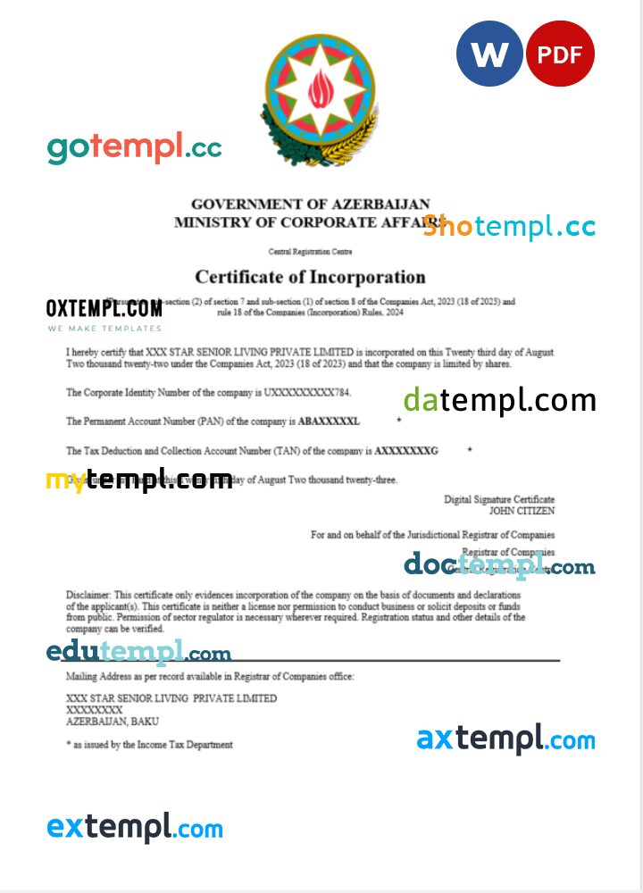 Azerbaijan business registration certificate Word and PDF template