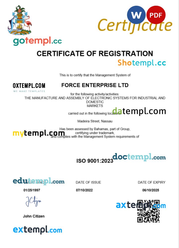 Bahamas business registration certificate Word and PDF template