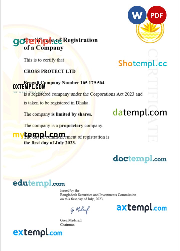 Bangladesh business registration certificate Word and PDF template