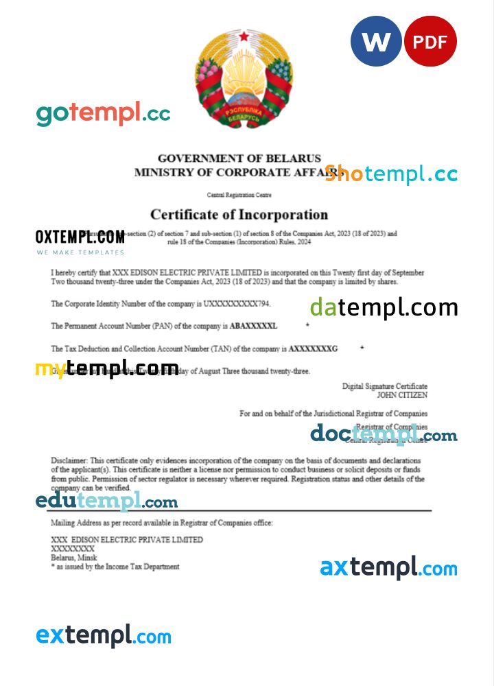 Belarus business registration certificate Word and PDF template