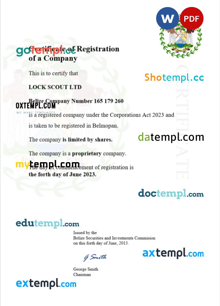 Belize business registration certificate Word and PDF template